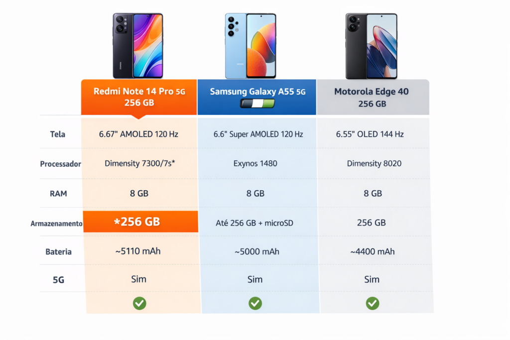 comparativo entre o redmi note 14 pro 5g 256gb e samsung a55 e motorola edge 40 256gb